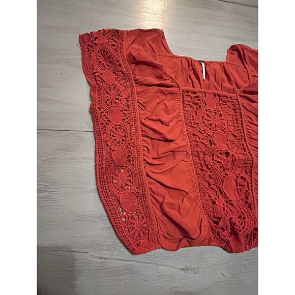 Free People Little Secret Red Orange Crochet Lace Panel Cropped Top Sz M Boho - Picture 3 of 8